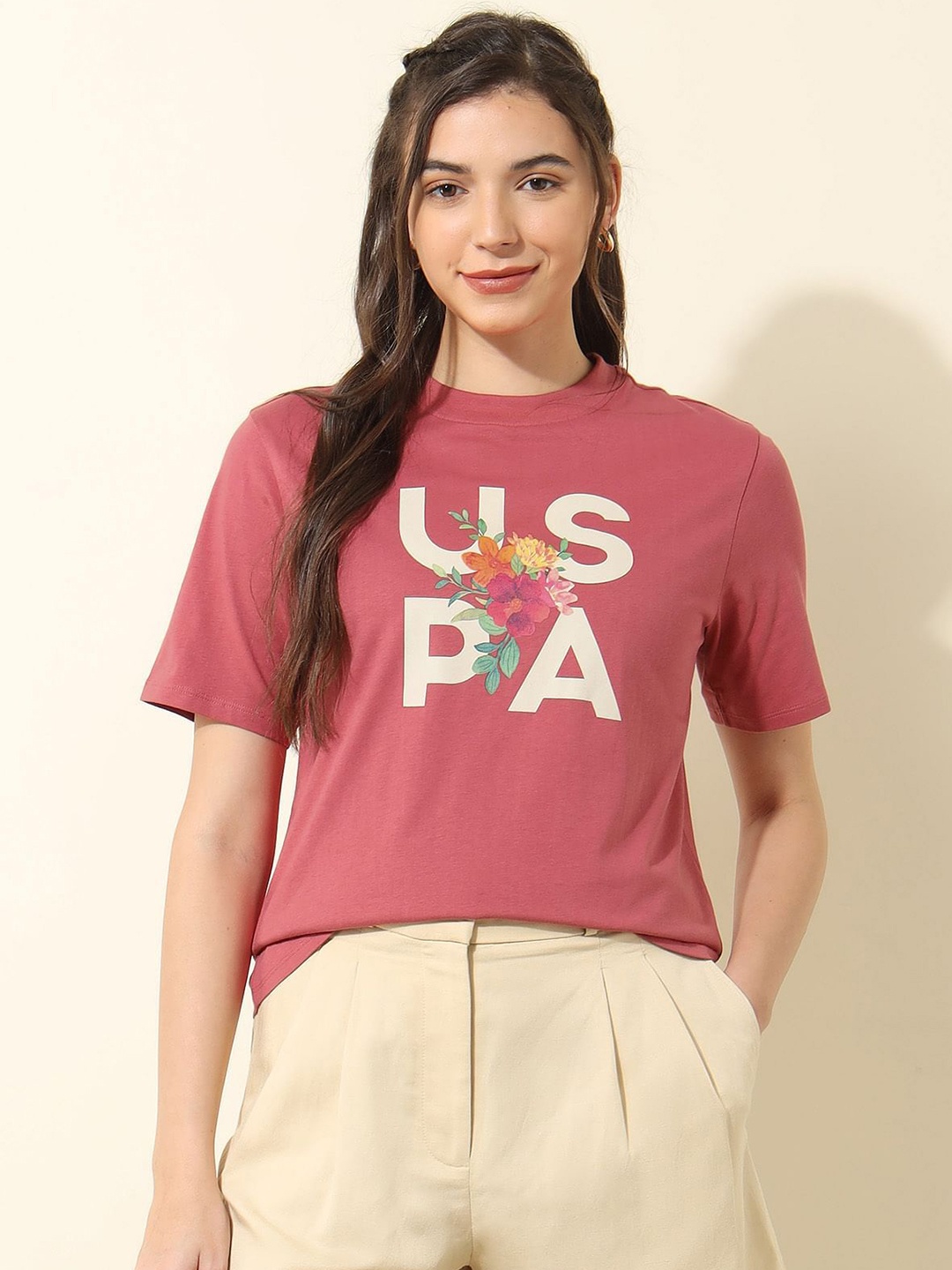 

U.S. Polo Assn. Women Women Typography Printed Pure Cotton Pockets Boxy T-shirt, Pink