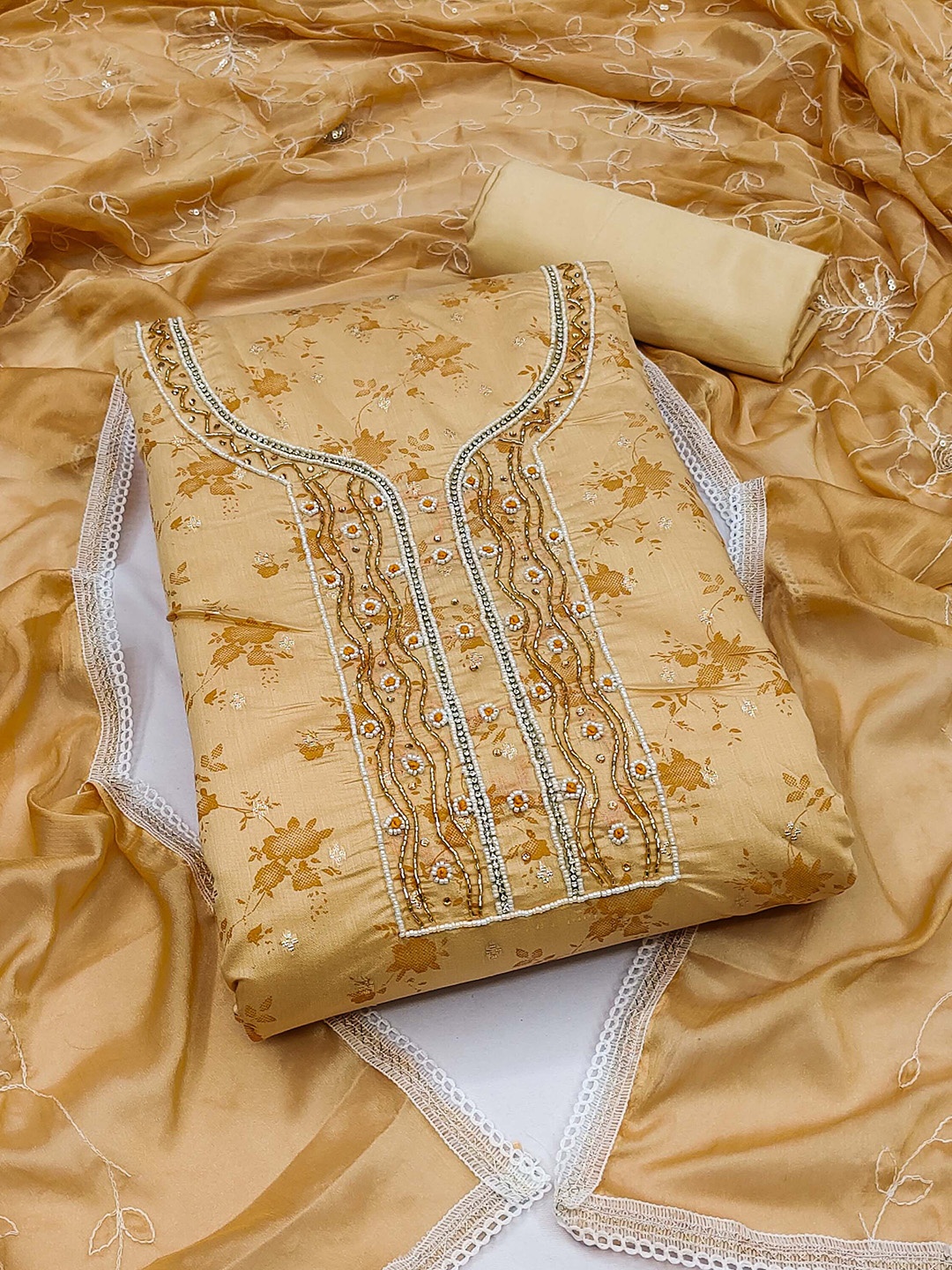

Blissta Embellished Unstitched Dress Material, Peach
