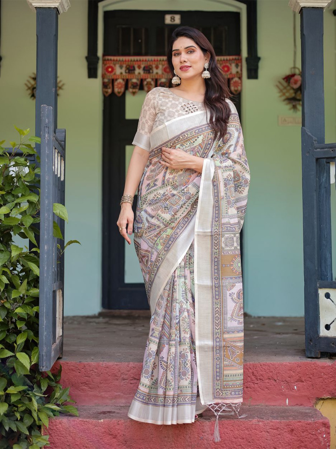 

ALMAARI FASHION Ethnic Motifs Printed Pure Linen Banarasi Saree, Cream