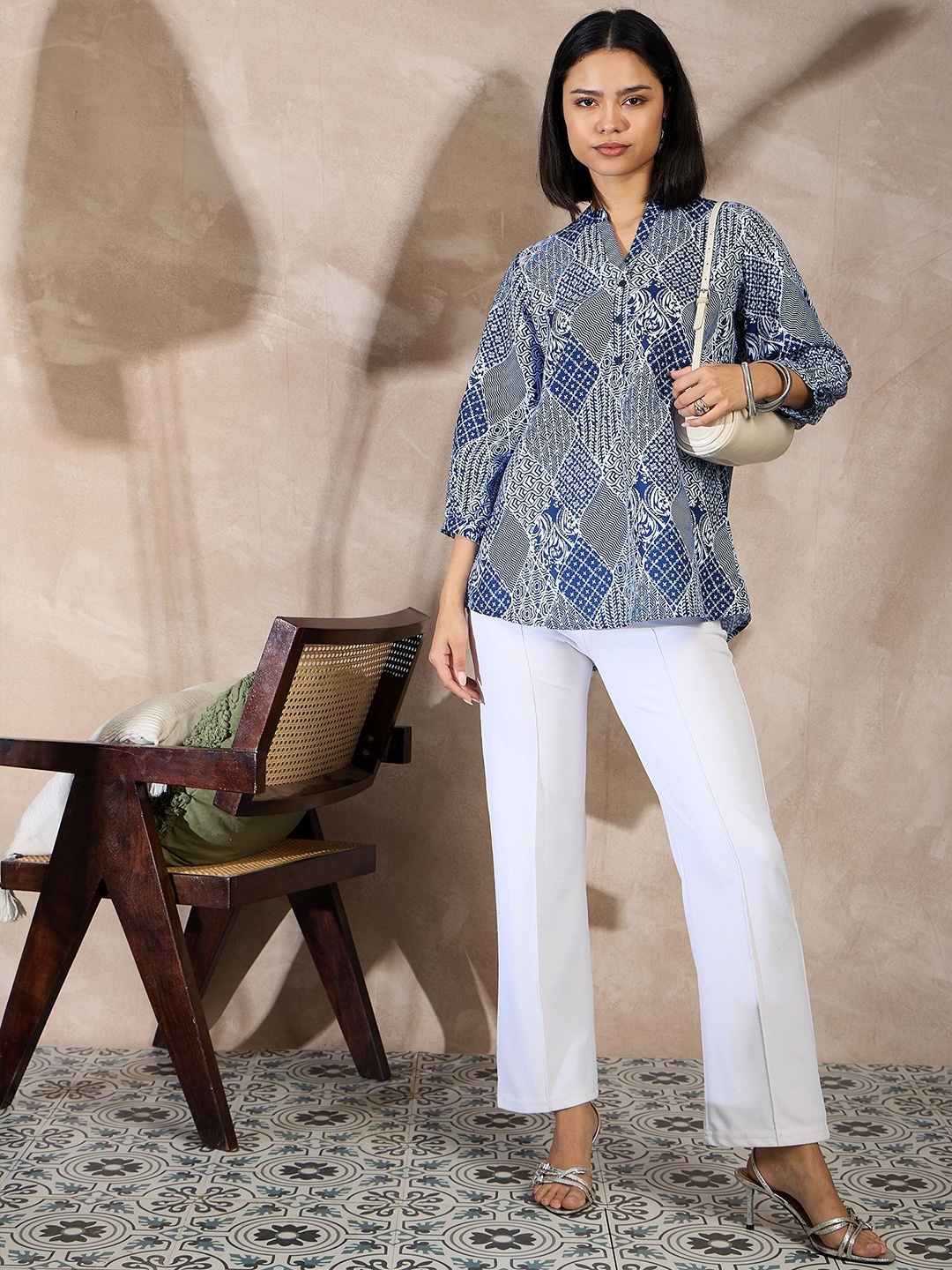 

all about you Printed Mandarin Collar Puff Sleeve Top, Navy blue