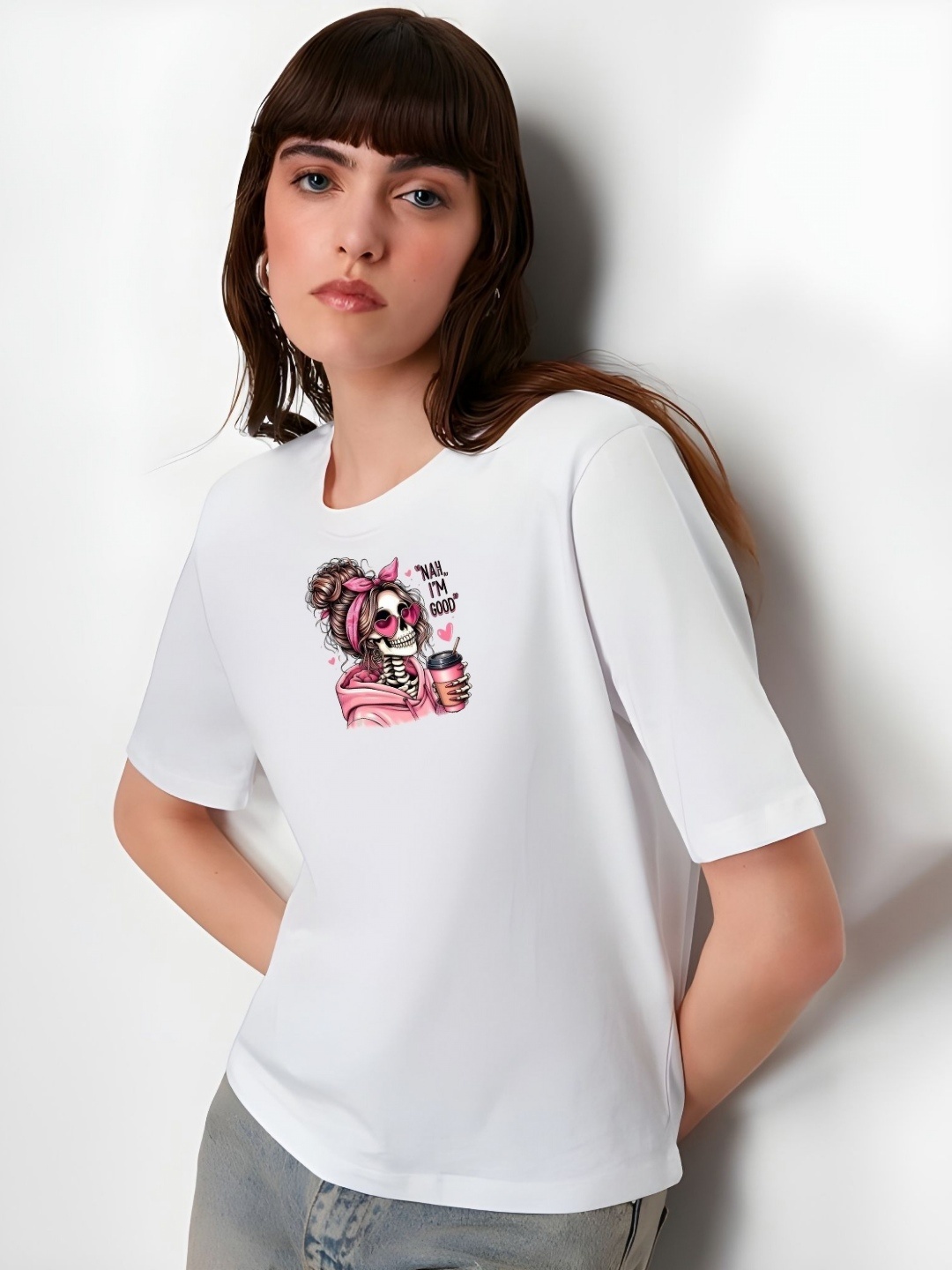 

TRENDSATTIRE Galentine Women Graphic Printed Round Neck Cotton T-shirt, White