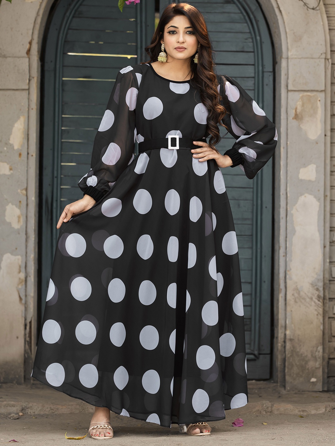 

SARINKU Polka Dot Print Georgette Maxi Dress, Black