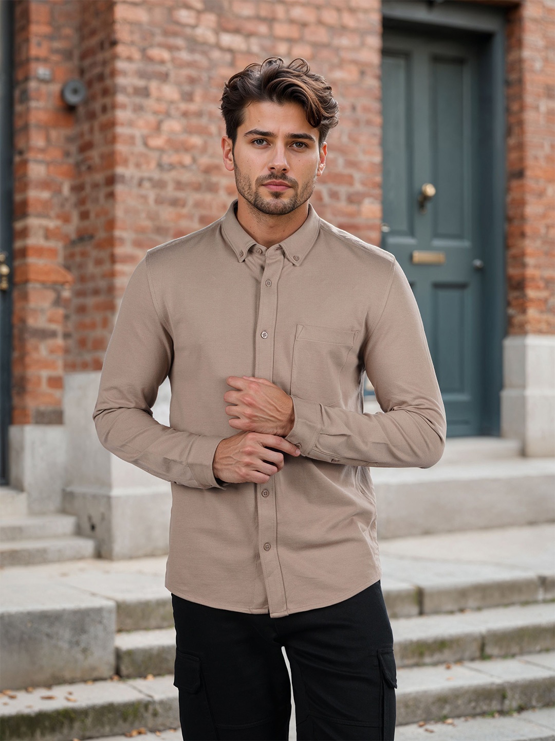 

Celio Men Classic Regular Fit Button-Down Collar Solid Cotton Casual Shirt, Brown