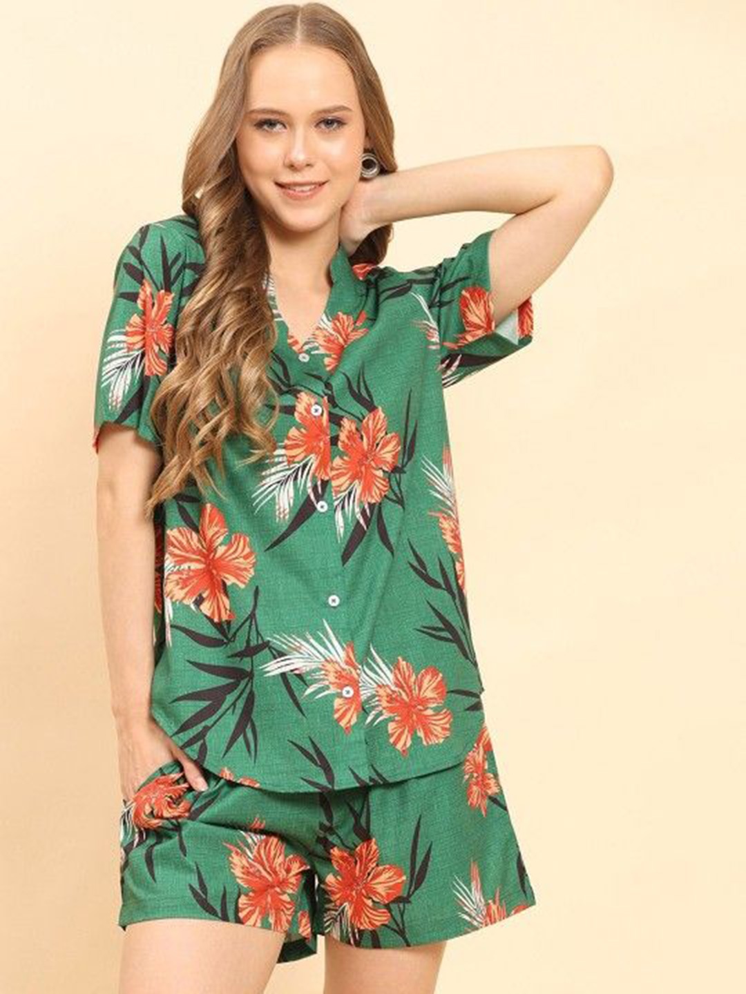 

DressBerry Printed Shirt & Shorts Co-Ords, Green