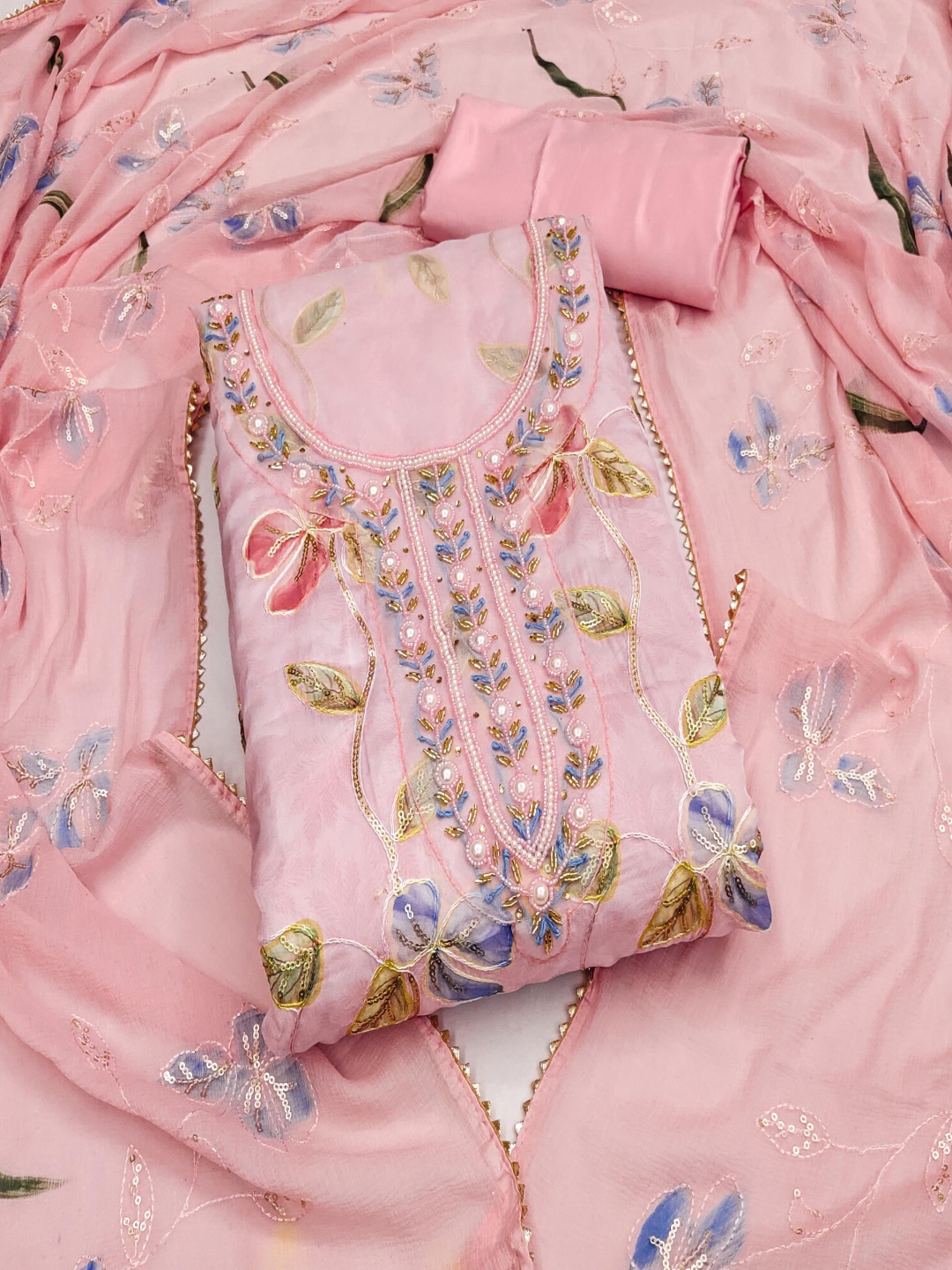 

Blissta Floral Printed Beads And Stones Unstitched Dress Material, Pink