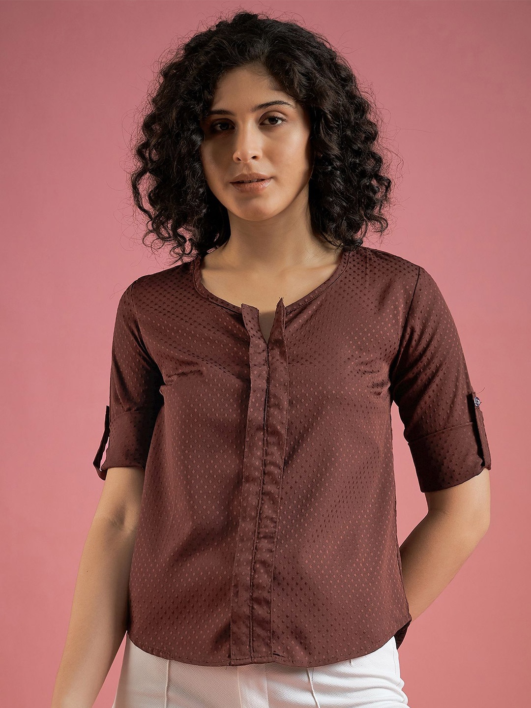 

DressBerry Print Roll-Up Sleeves Crepe Shirt Style Top, Brown