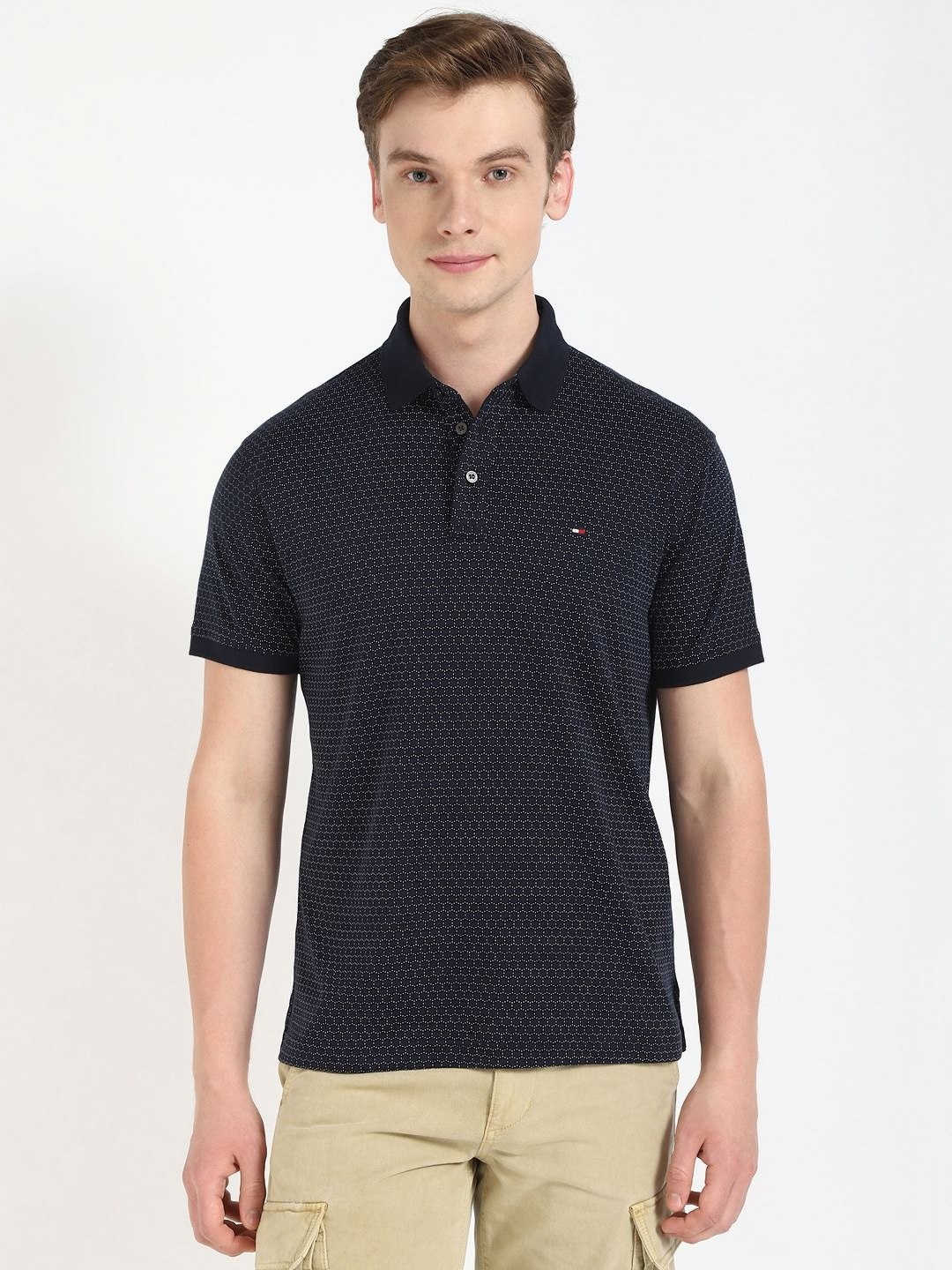

Tommy Hilfiger Men Geometric Printed Polo Collar Cotton T-shirt, Black