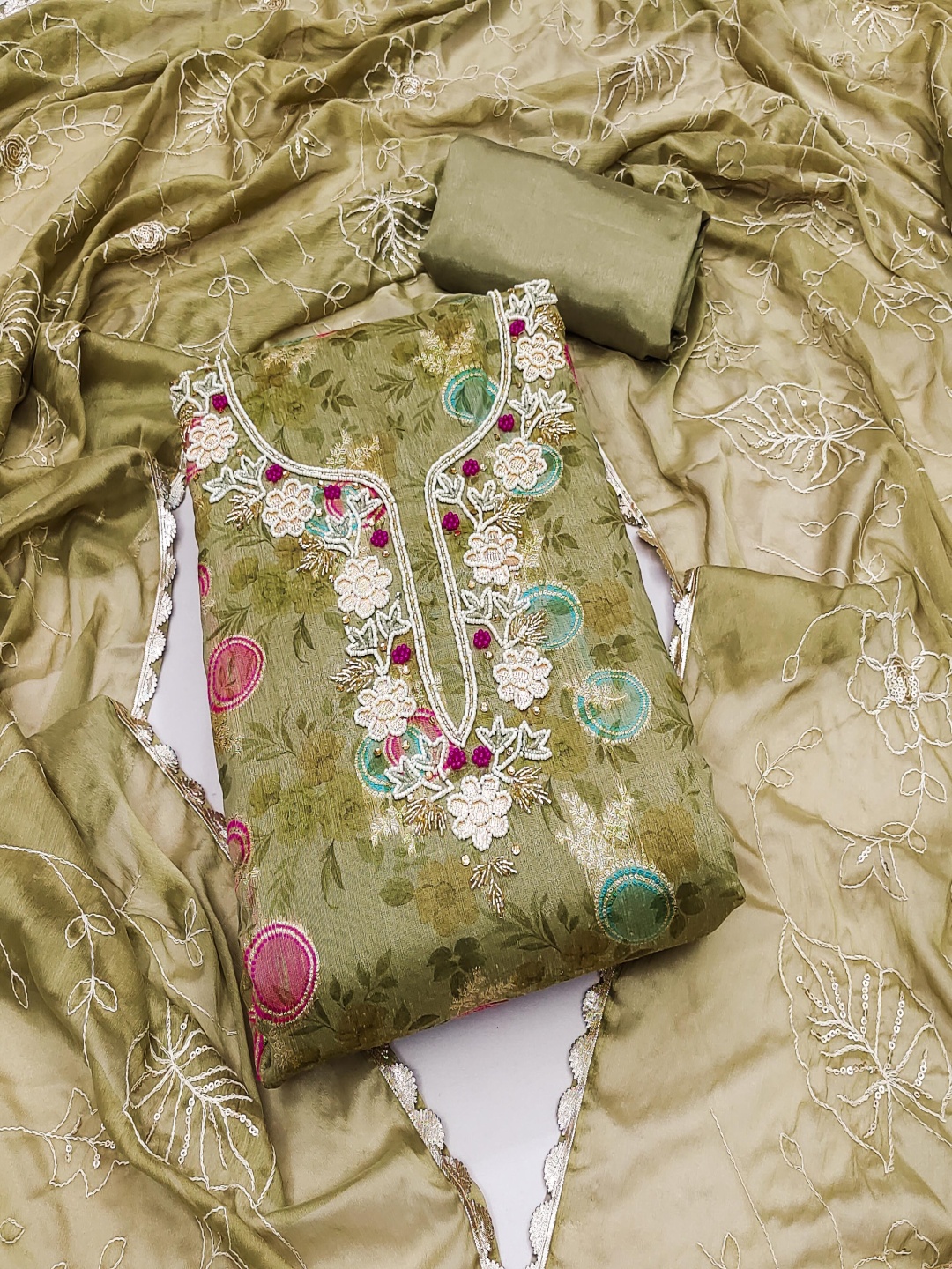 

Blissta Floral Embroidered Unstitched Dress Material, Olive