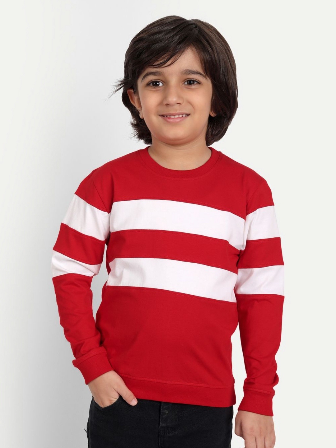 

Provogue Boys Striped Round Neck Cotton T-shirt, Red