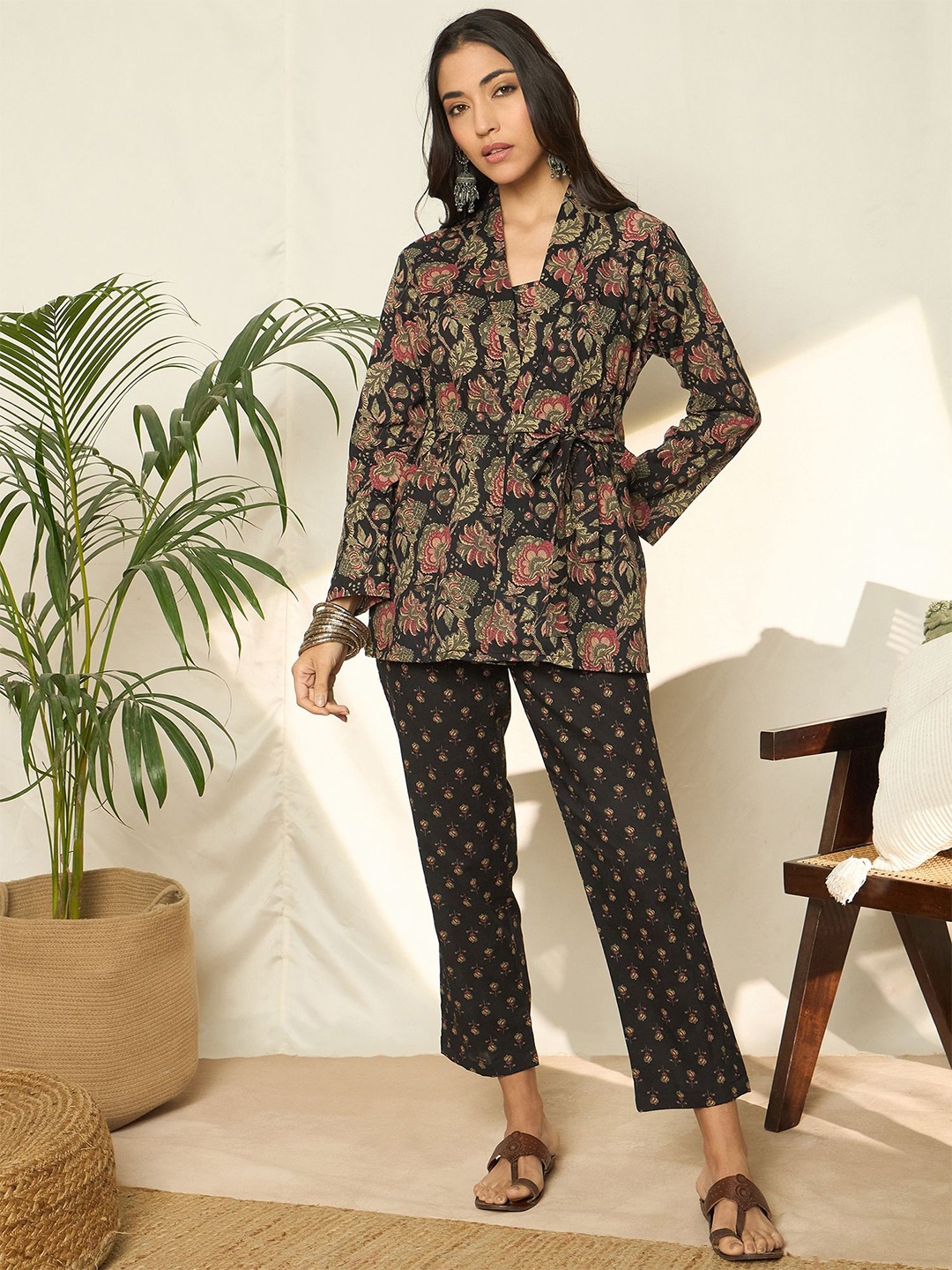 

BANDIA Floral Printed Pure Cotton Top & Trousers With Shrug Co-Ords, Black