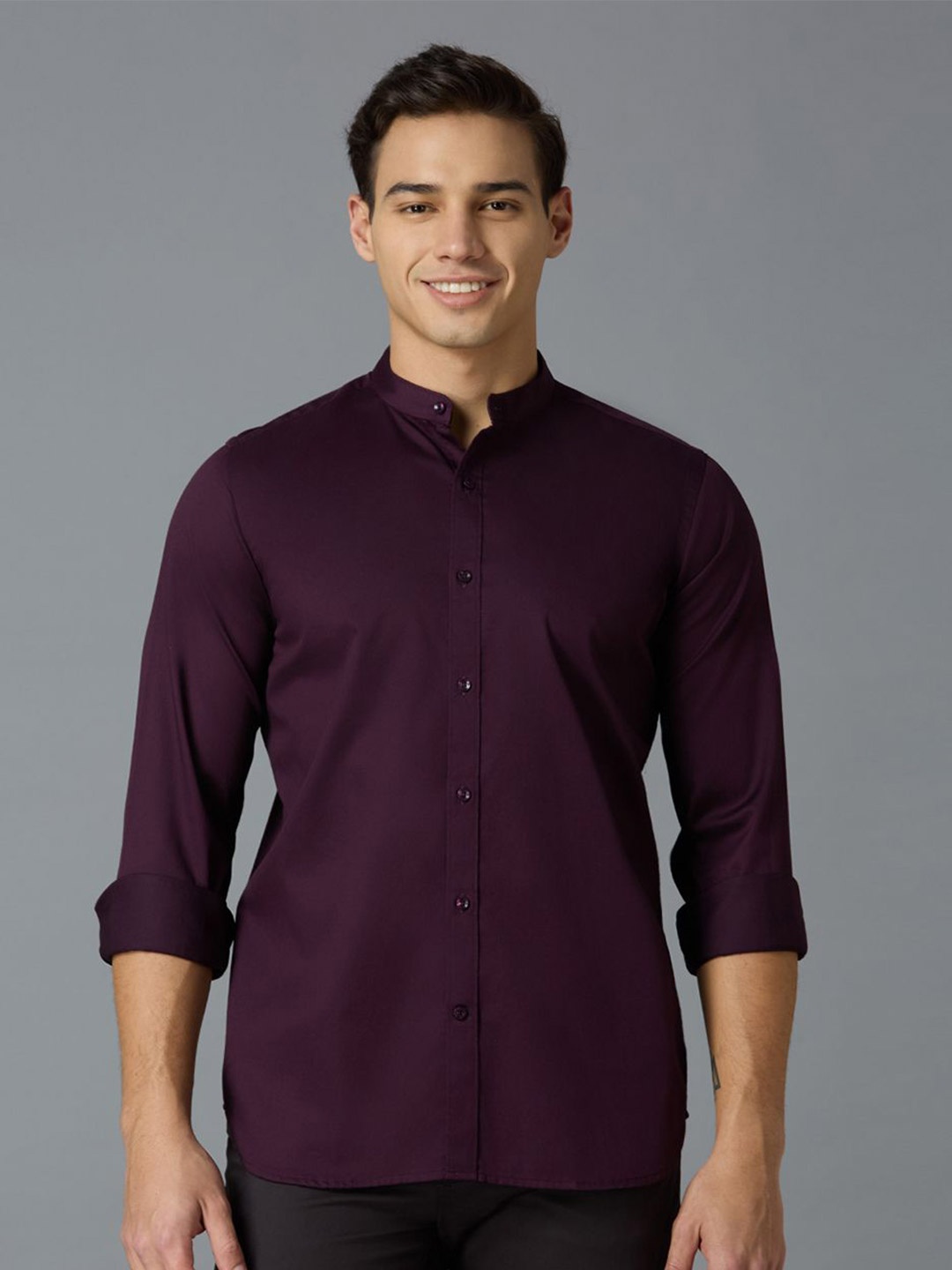 

Reid & Taylor Men India Slim Fit Band Collar Solid Cotton Party Shirt, Purple