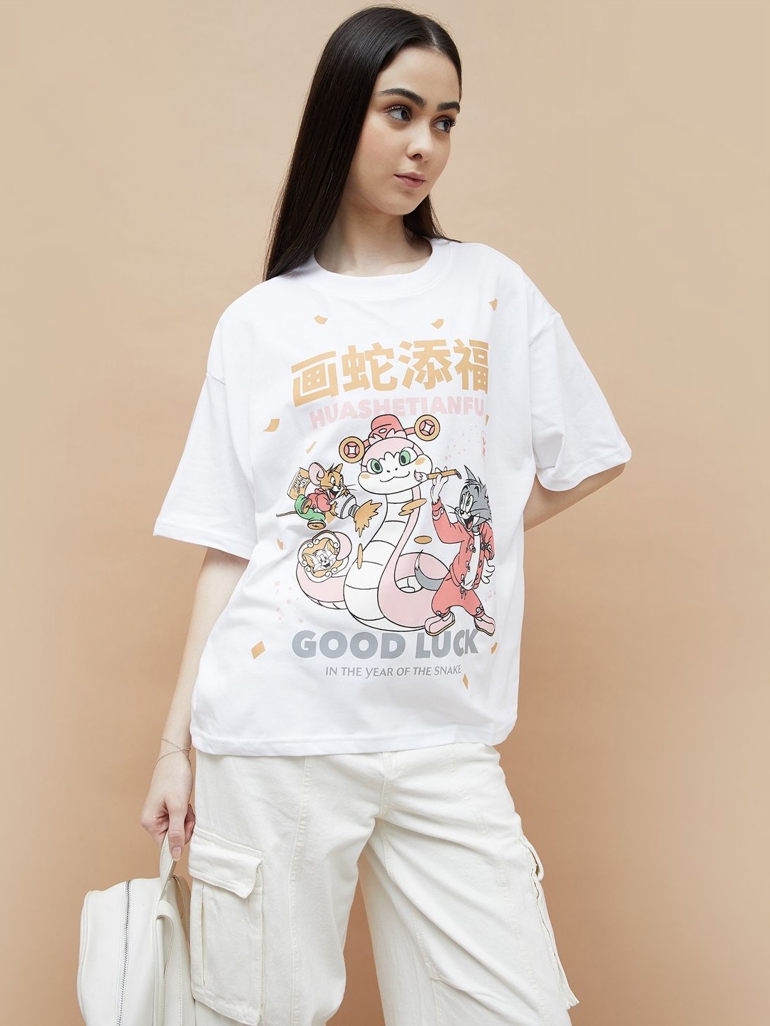 

Ginger by Lifestyle Women Tom & Jerry Printed T Shirt, White