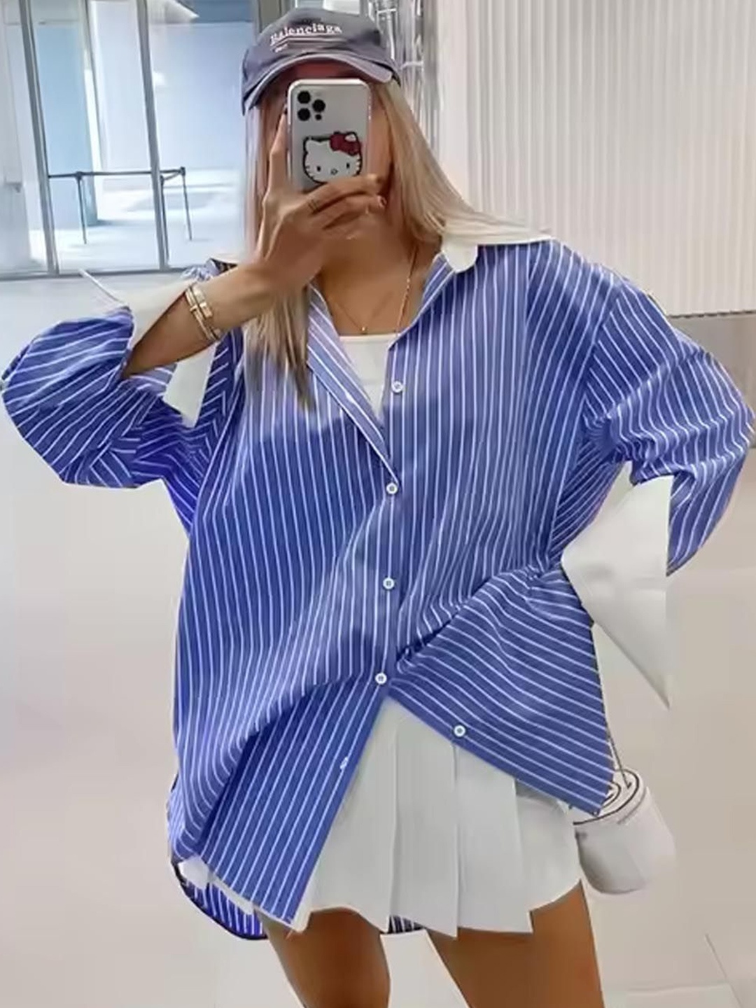 

StyleCast Women Oversized Fit Spread Collar Vertical Striped Casual Shirt, Blue