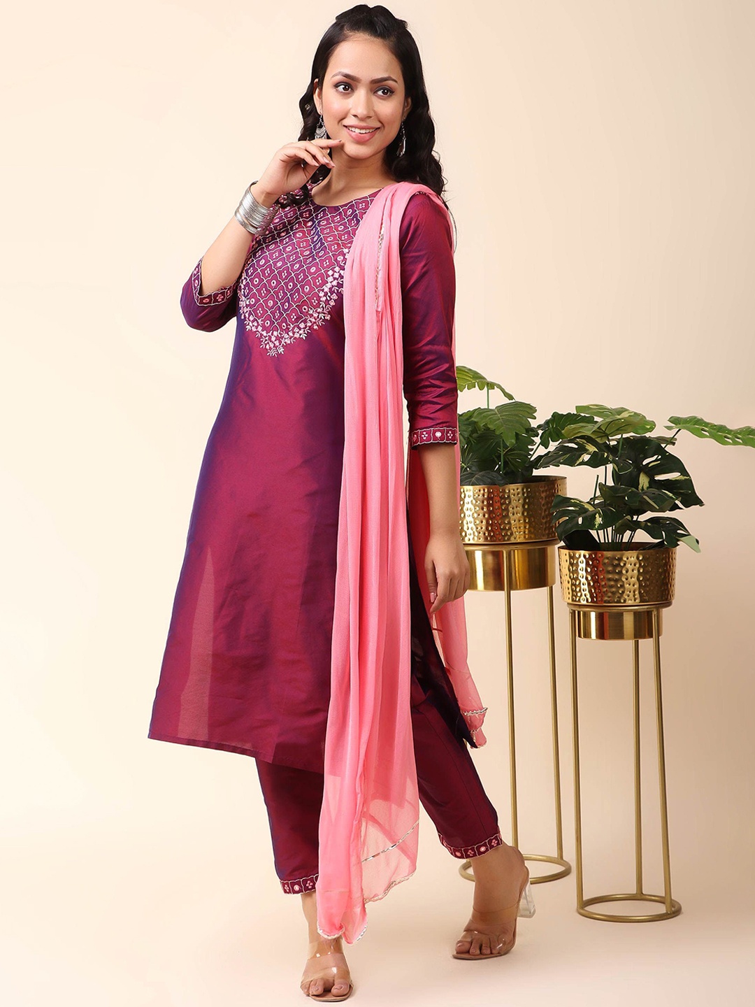 

Blue Wish Women Floral Yoke Design Regular Chanderi Silk Kurta with Trousers & With Dupatta, Purple