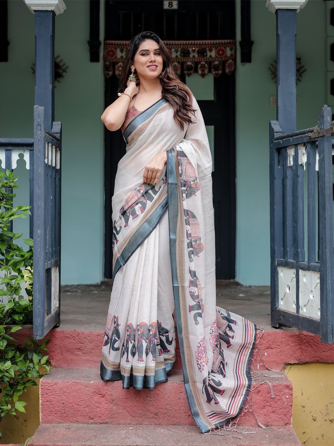 

ALMAARI FASHION Floral Zari Pure Linen Banarasi Saree, Blue
