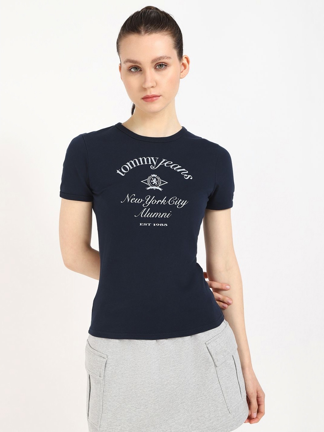 

Tommy Hilfiger Women Typography Printed Round Neck Cotton Slim Fit T-shirt, Navy blue