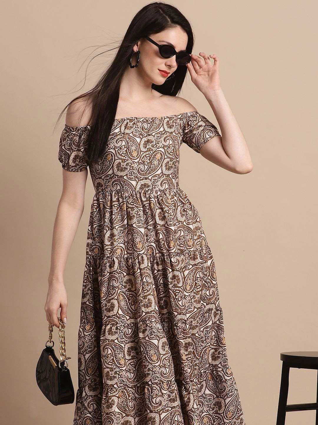 

JAINISH Floral Print Off-Shoulder Fit & Flare Dress, Brown