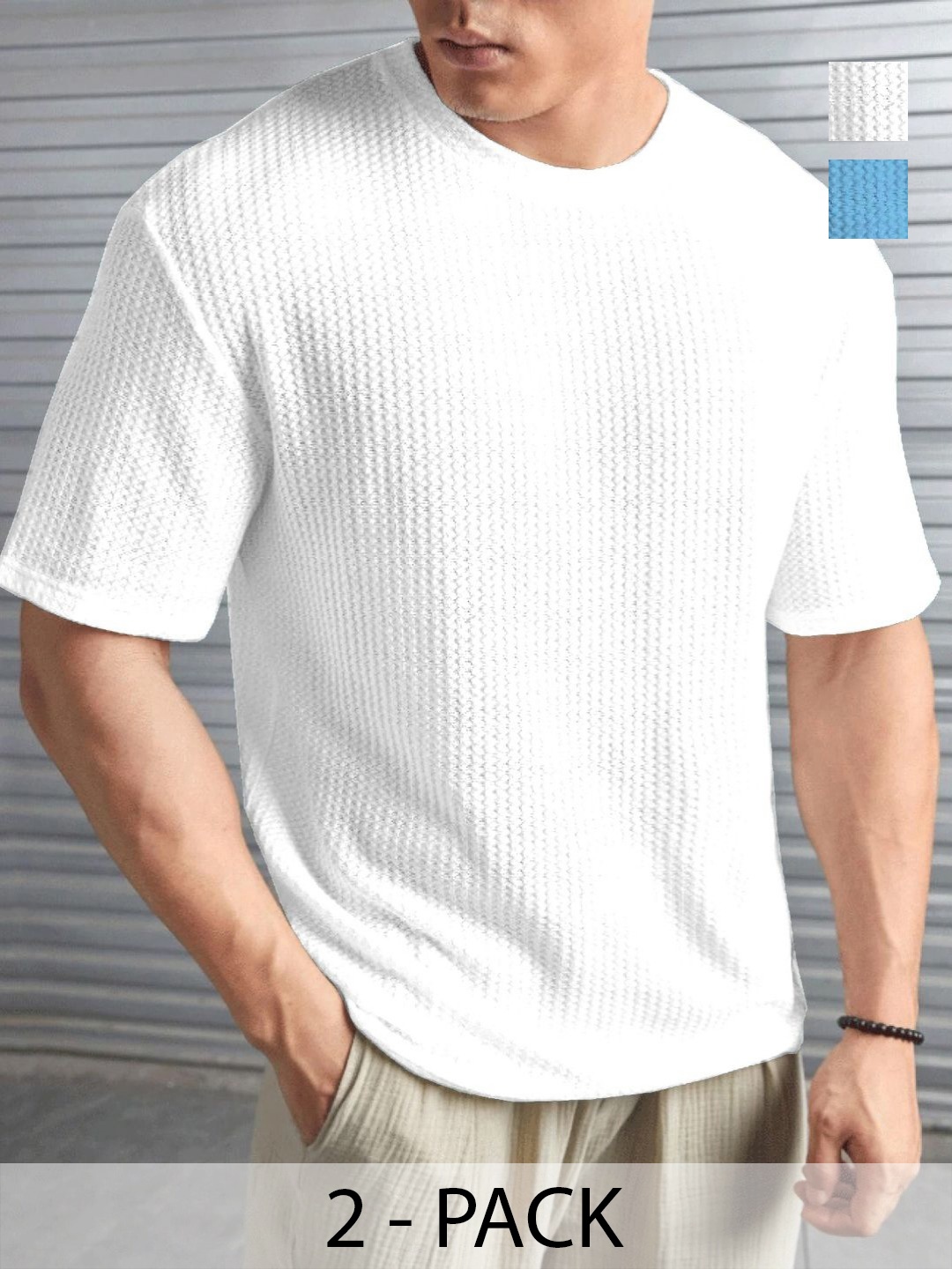 

MERRIMENT Men Pack Of 2 Self Design Round Neck T-shirts, White