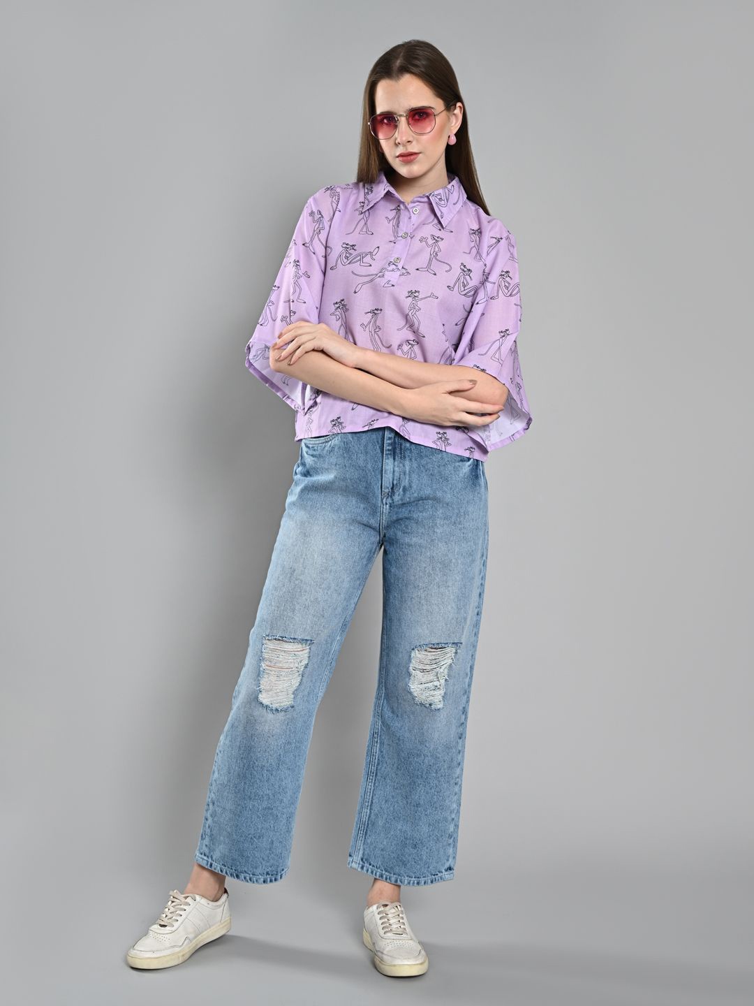 

IZEL Women Spread Collar Conversational Printed Casual Shirt, Lavender