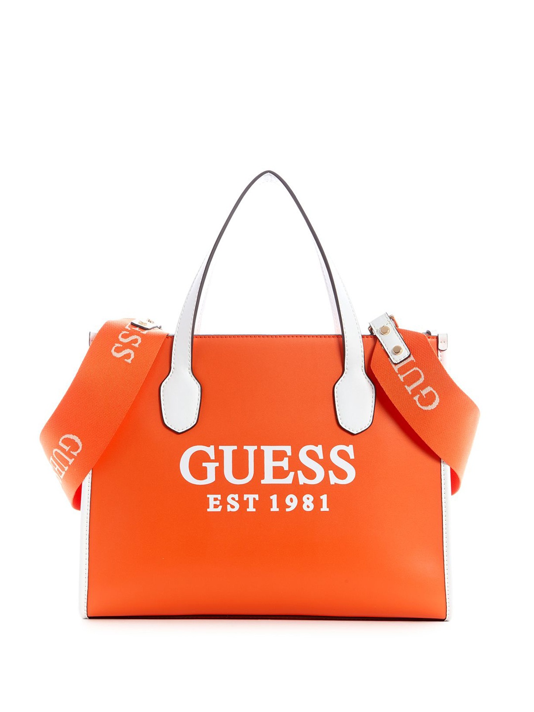 

GUESS Printed PU Bucket Tote Bag with Tasselled, Orange