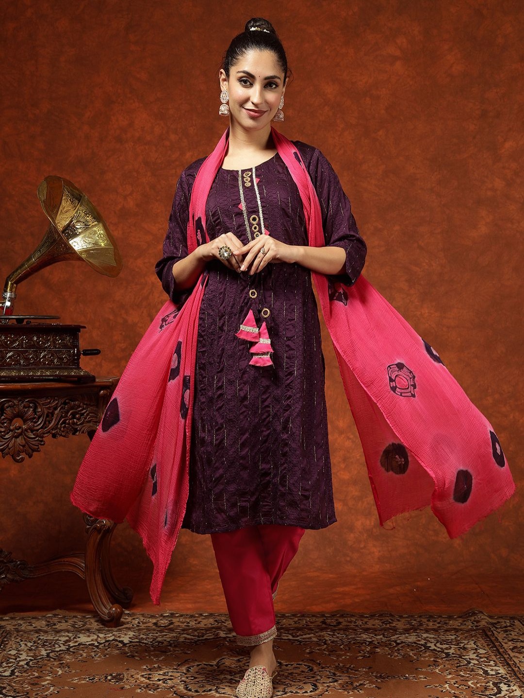 

DIVASTRI Zari Woven Design Round Neck Chanderi Silk Straight Kurta With Trousers & Dupatta, Purple