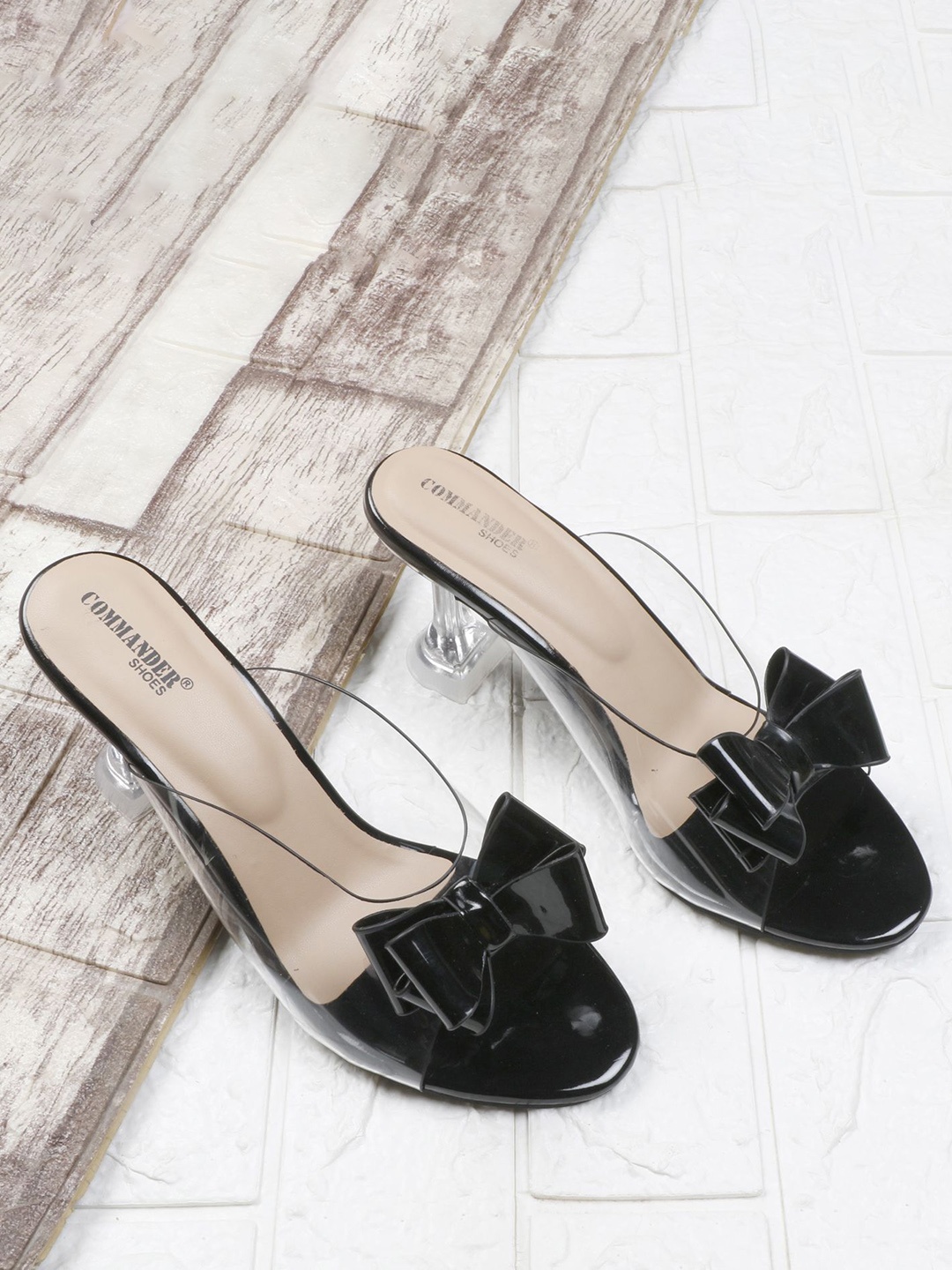 

Commander Shoes High-Top Stiletto Synthetic Sandals with Bows, Black