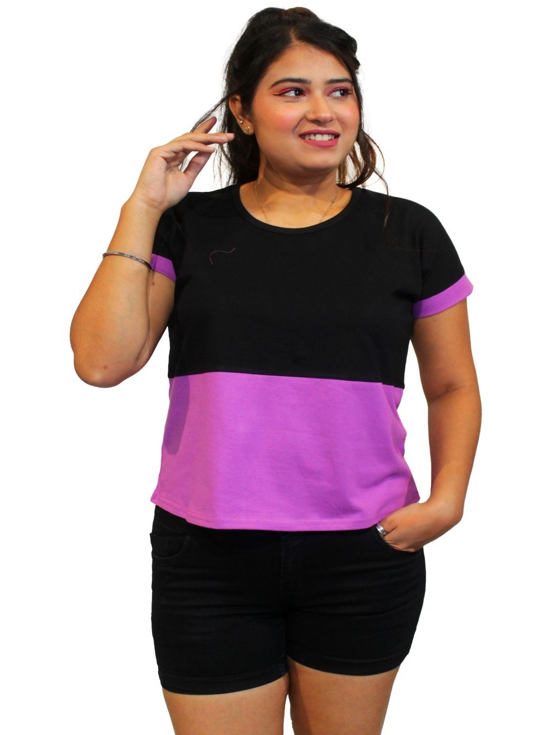 

PINK SHELL Women Colourblocked Round Neck Cotton T-shirt, Lavender
