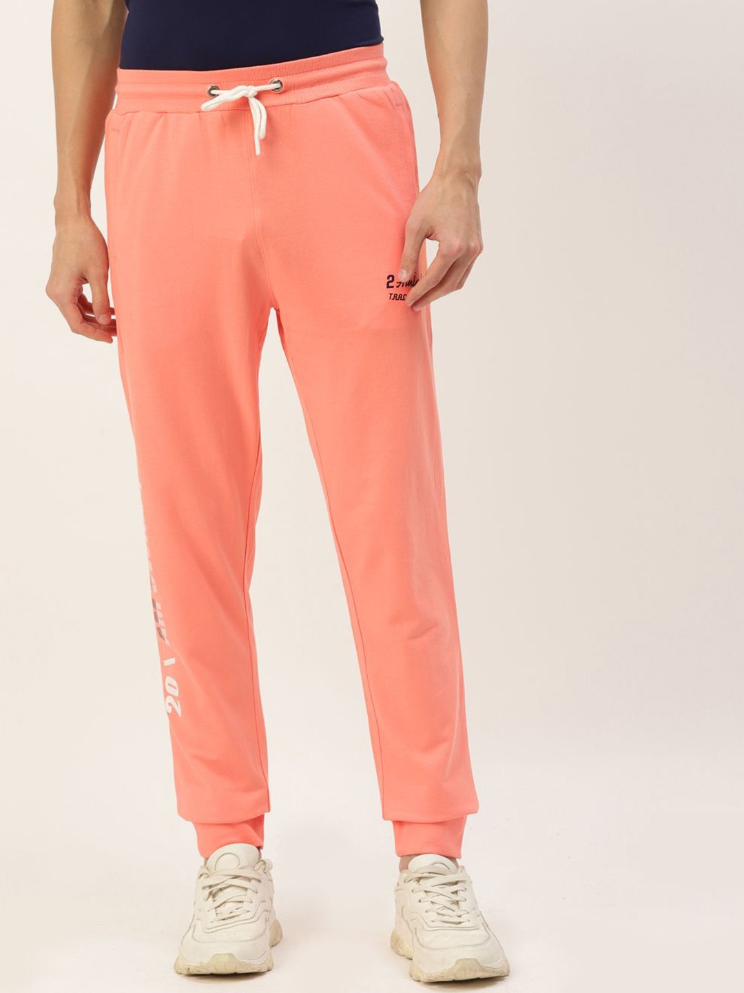 

AMSWAN Men Brand Logo Printed Cotton Mid-Rise Joggers, Peach