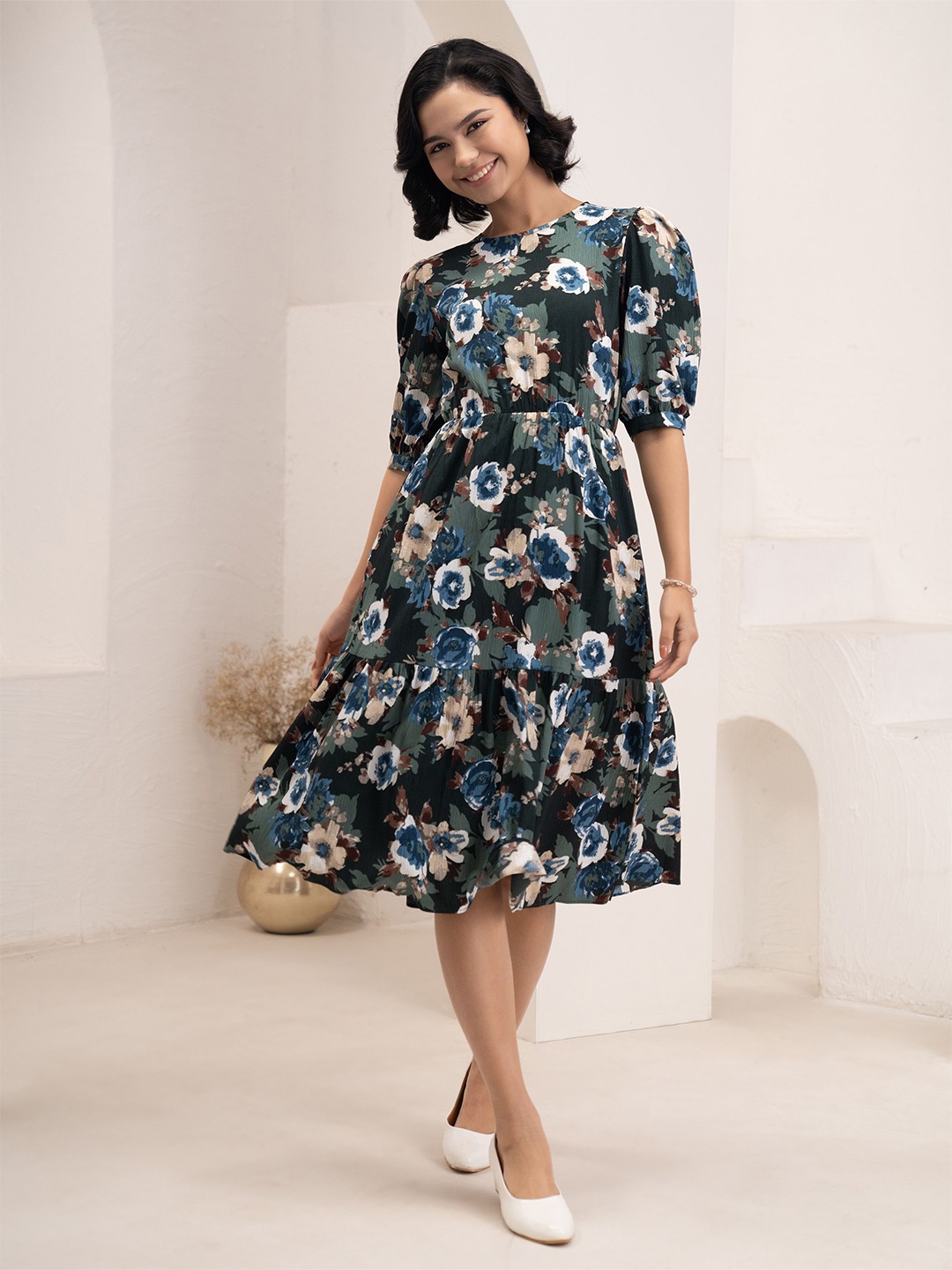 

AASK Floral Print Puff Sleeve Crepe Fit & Flare Midi Dress, Green