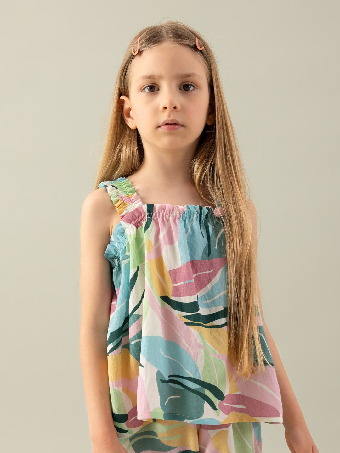 

DeFacto Girls Tropical Printed Square Neck Sleeveless Top With Palazzo, Blue