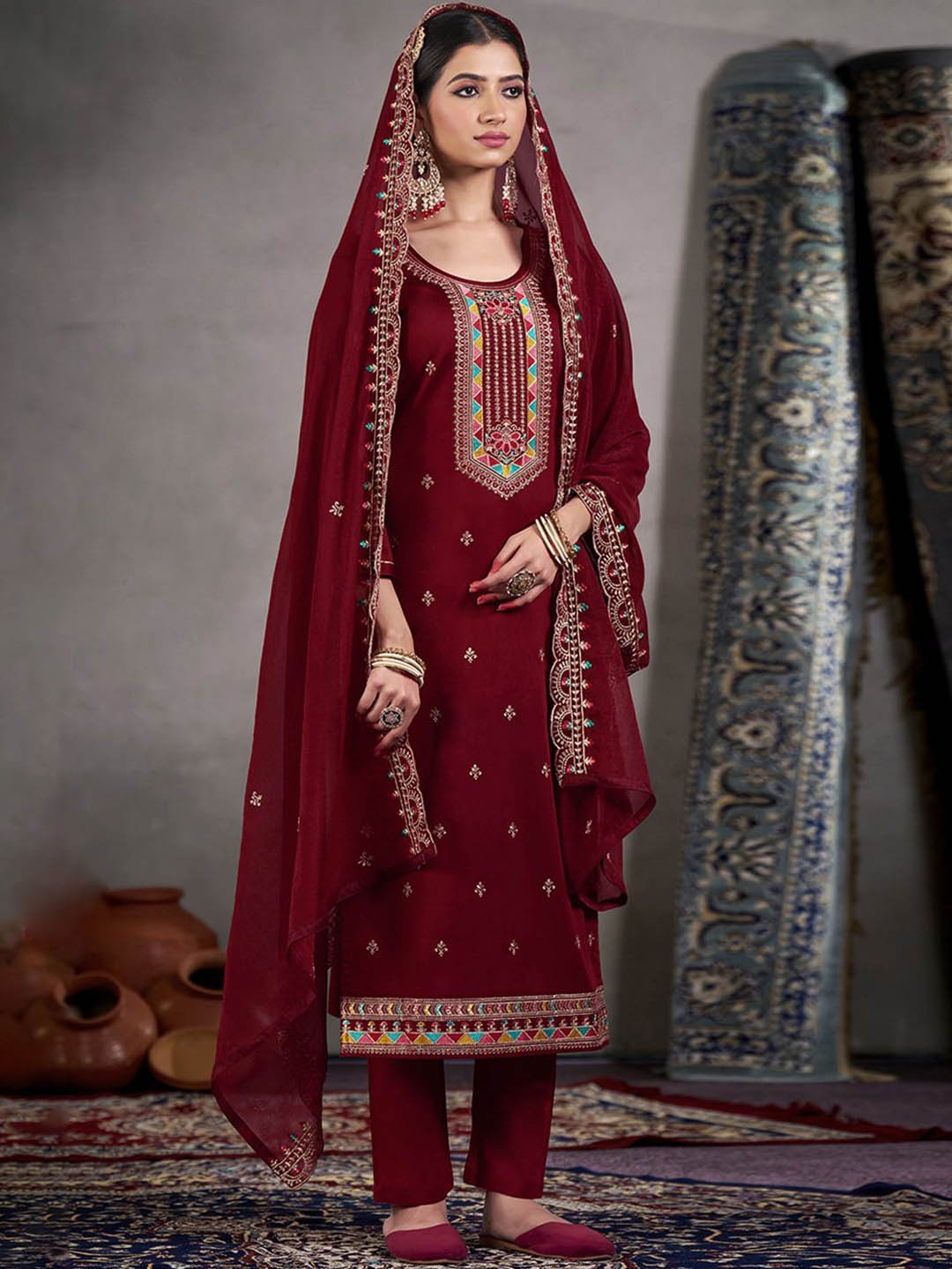 

Anouk Embroidered Unstitched Dress Material, Maroon