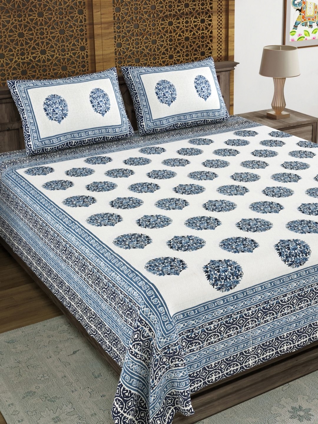 

Myntra Elegant Homes Blue Floral Printed Cotton 144 TC King Bedsheet Set- 2.18 m x 2.64 m