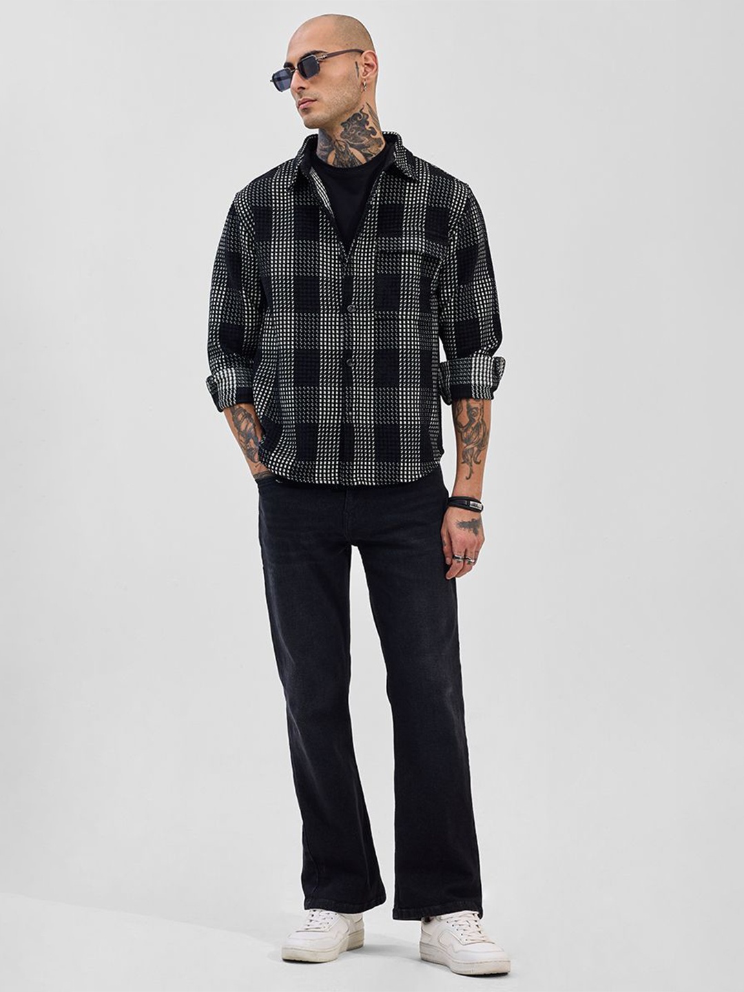 

Snitch Men Relaxed Fit Spread Collar Checked Casual Shirt, Black