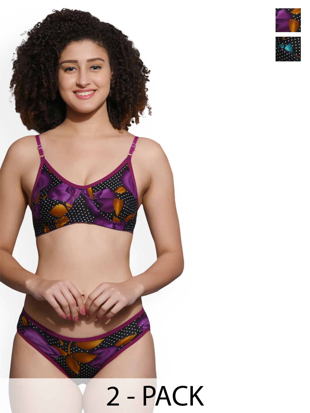 

chia fashions Pack Of 2 Printed Non Padded Lingerie Set CHIAF-444-PRPL-GRN-30B, Purple