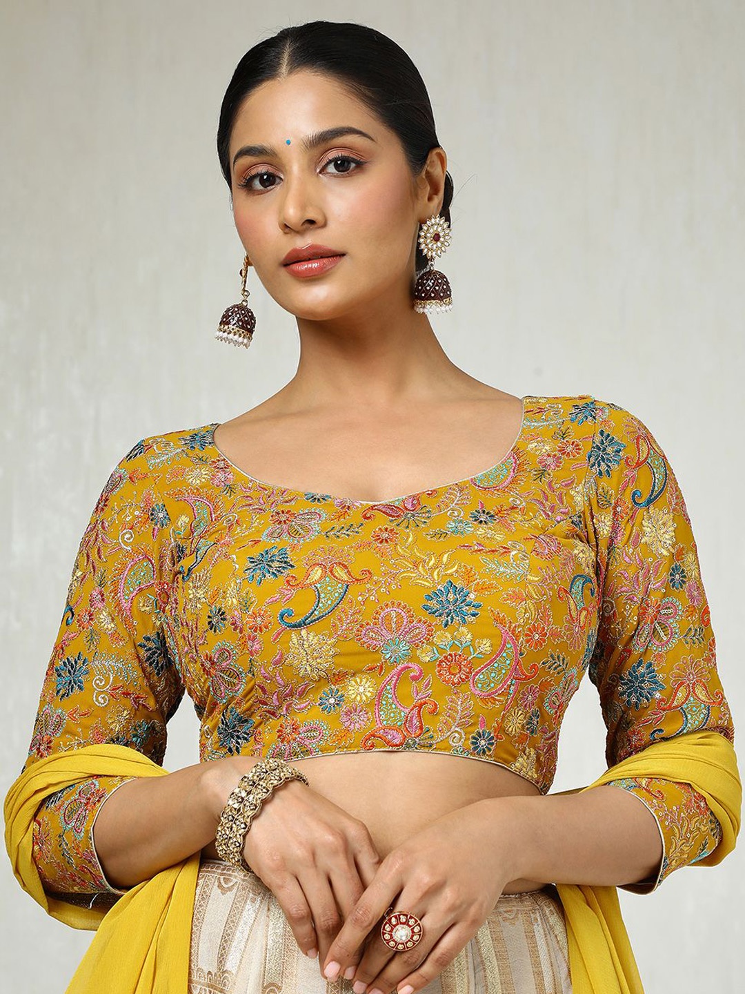 

Soch Embroidered Sweetheart Neck Padded Saree Blouse With Sequins, Mustard