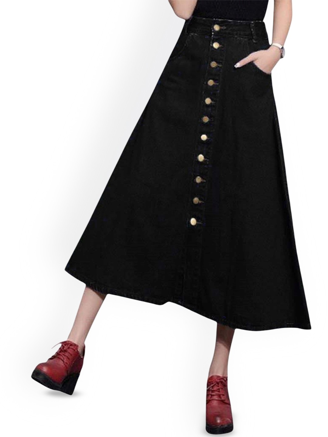 

Tripursundari Fashion Buttoned A-Line Maxi Denim Skirt, Black