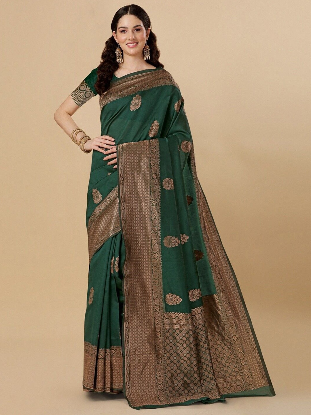 

Blue Wish Ethnic Motifs Zari Pure Silk Kanjeevaram Saree, Green