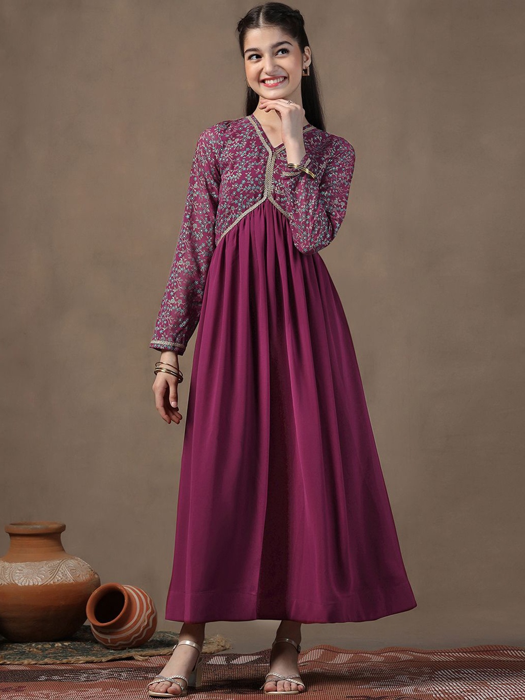 

Sangria Girls Printed Georgette Anarkali Maxi Dress, Maroon