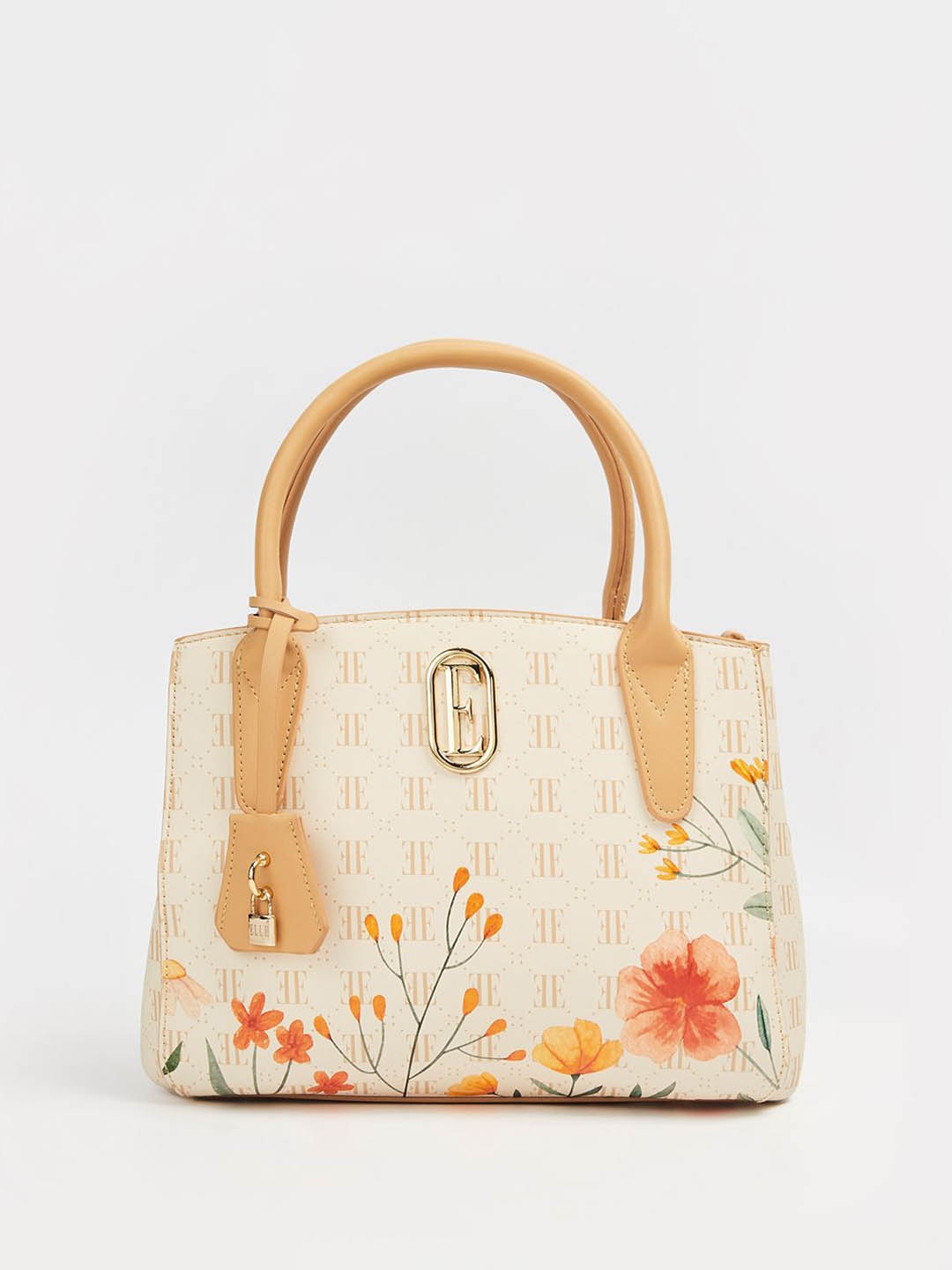 

ELLE Women Floral Printed Structured Handheld Bag, Beige