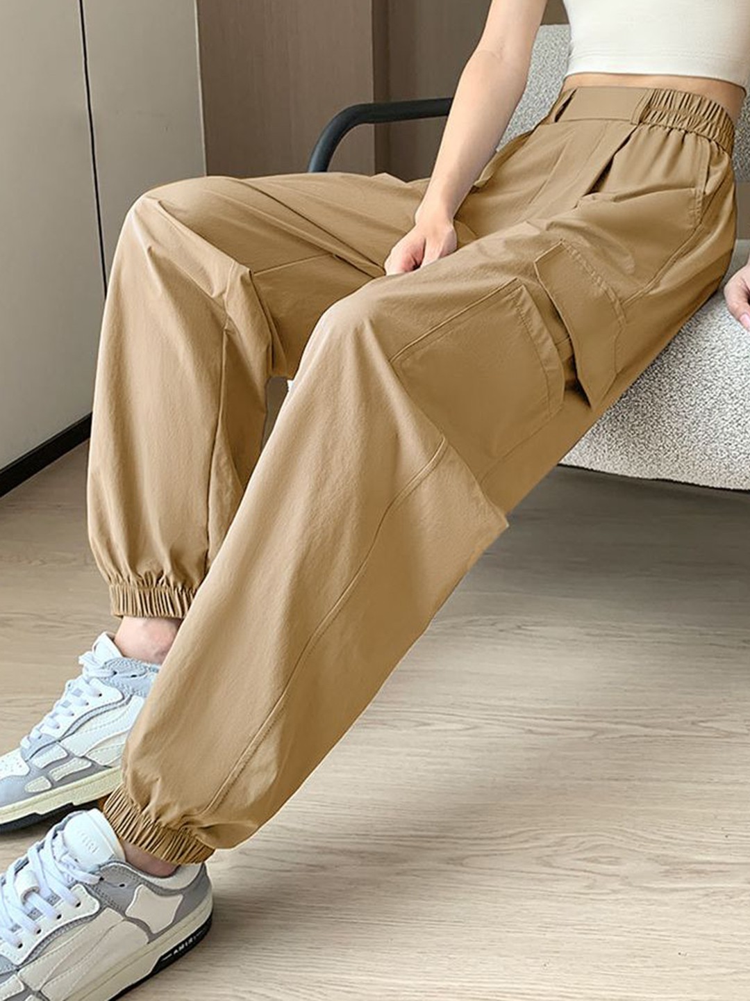 

FLOREOS Women Comfort Loose Fit Easy Wash Cargos Trousers, Khaki