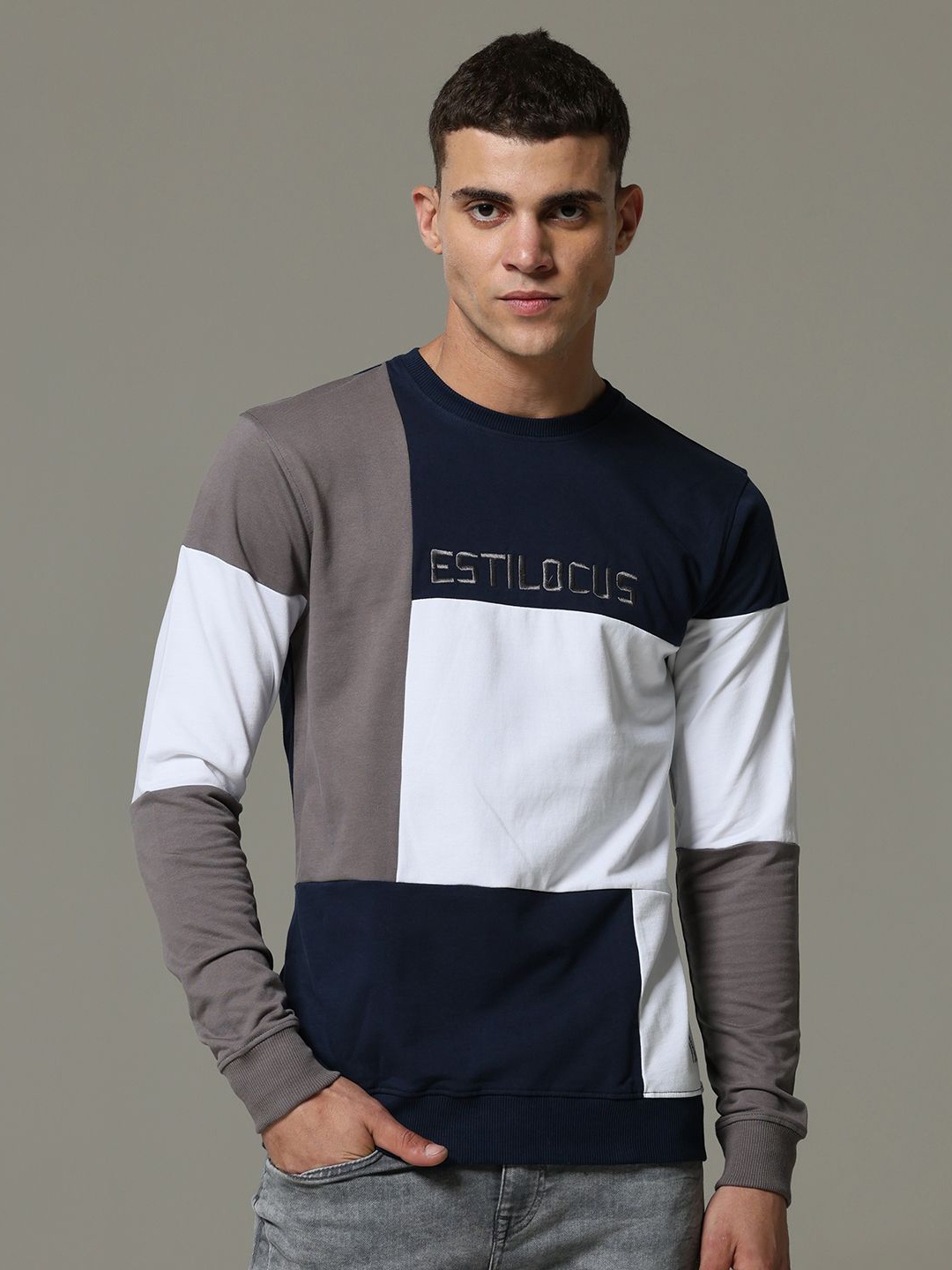 

Estilocus Men Colourblocked Sweatshirt, Navy blue