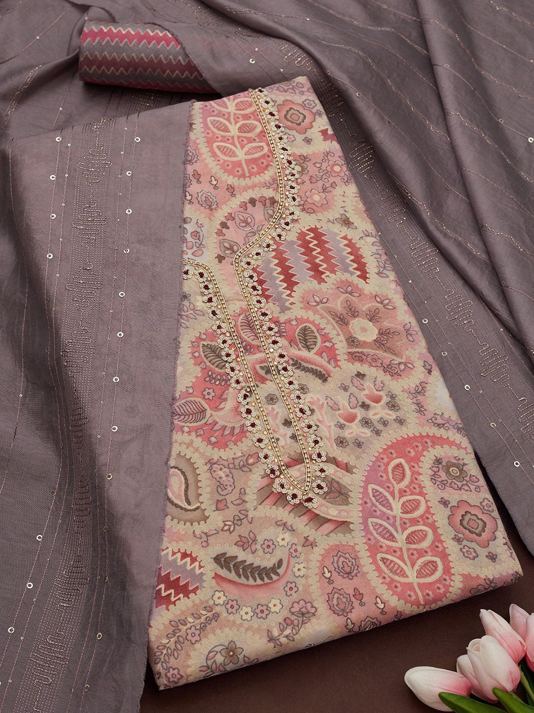 

Soch Floral Printed Embellished Unstitched Dress Material, Cream