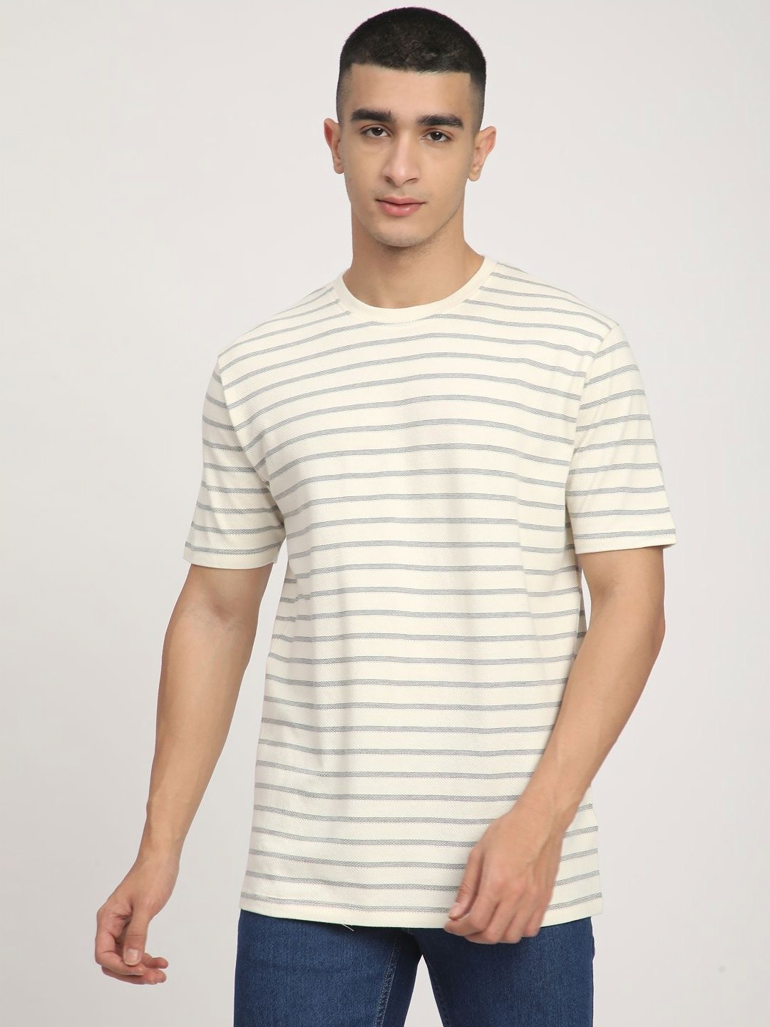 

R&B Men Striped Round Neck Cotton T-shirt, Beige