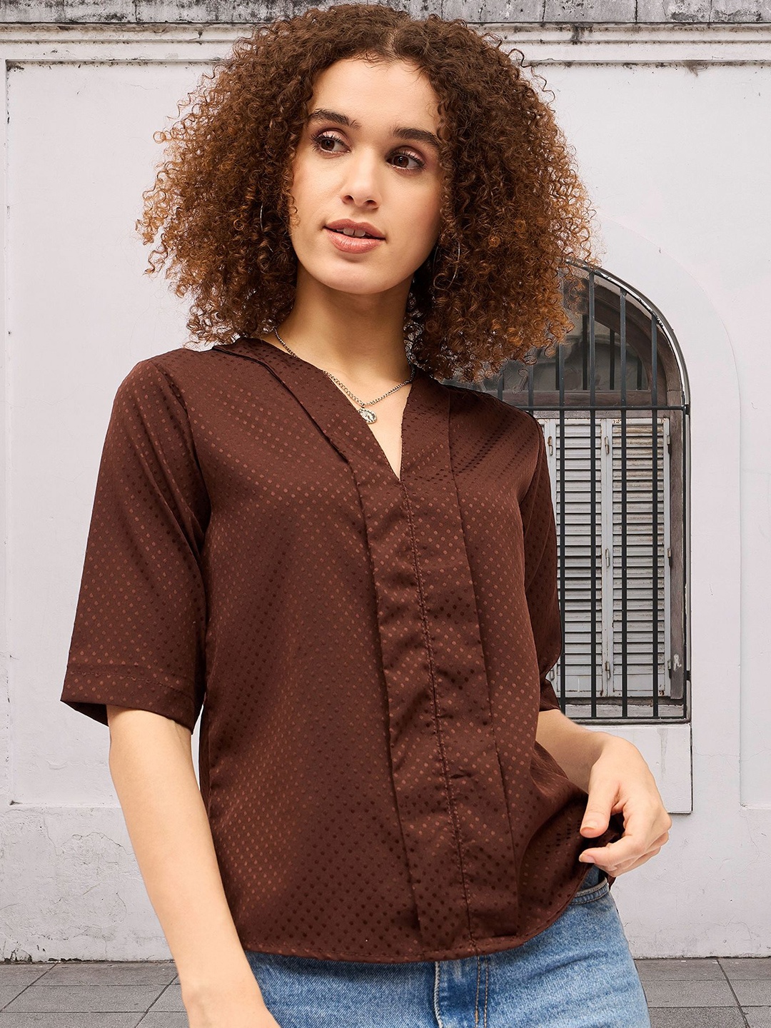 

DressBerry Geometric Mandarin Collar Shirt Style Top, Brown