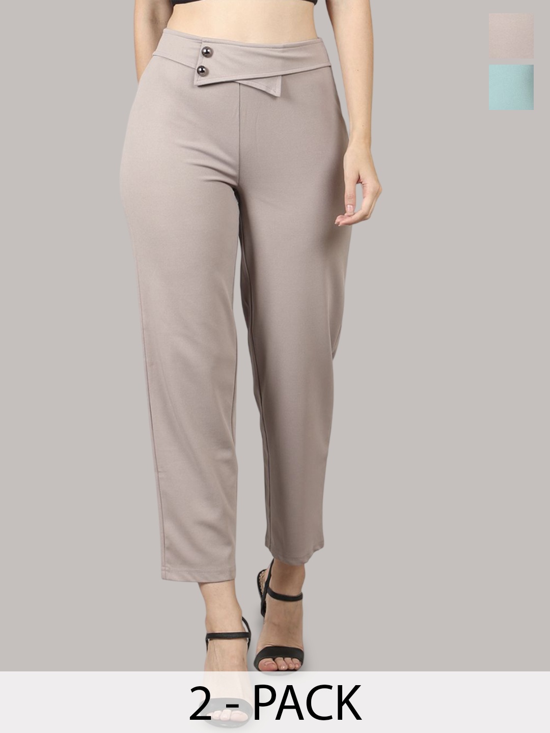

PRIDEWEAR Women Pack of 2 Comfort High-Rise Wrinkle Free Cigarette Trousers, Turquoise blue