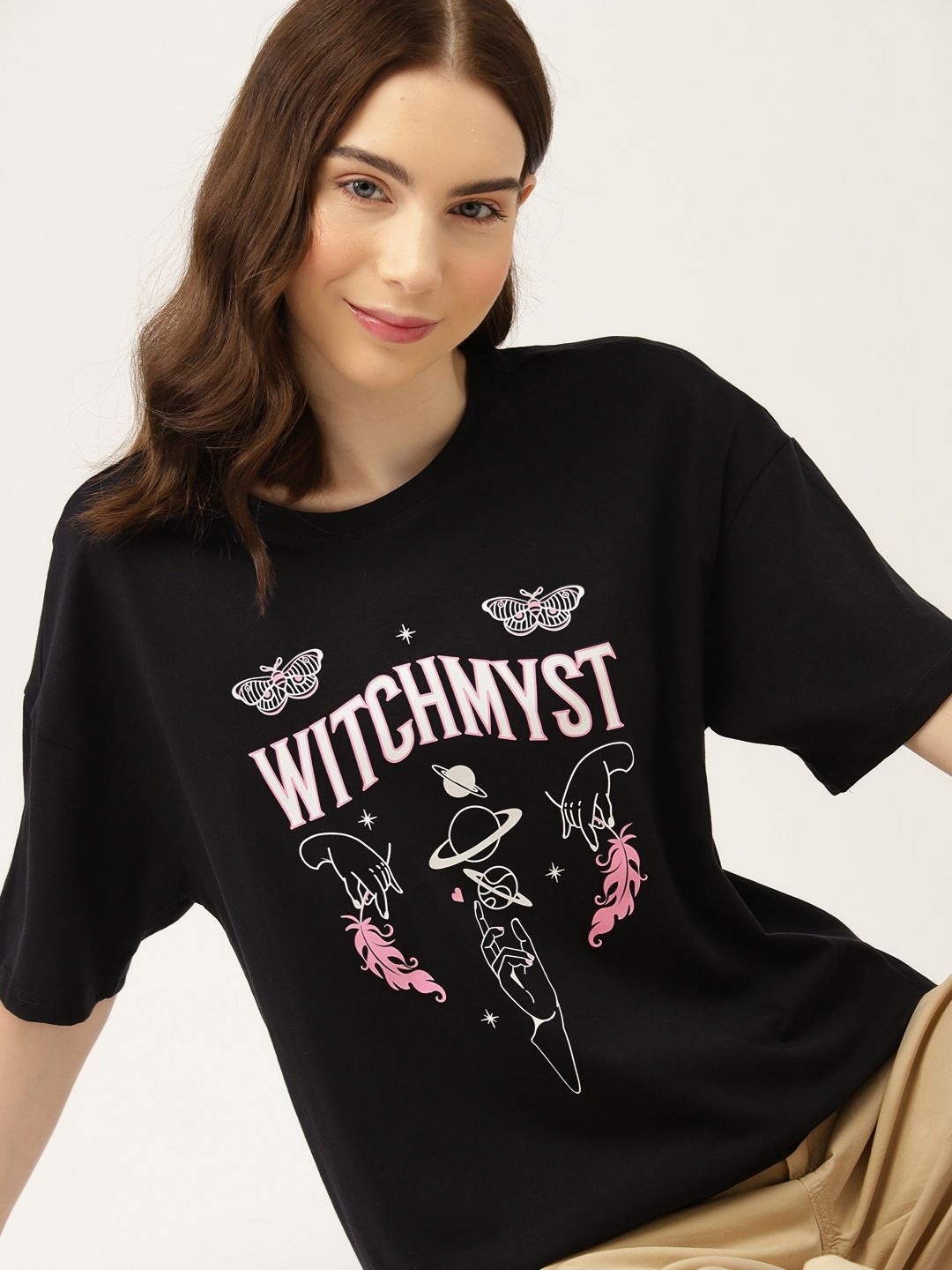 

DressBerry Women Graphic Printed Round Neck Cotton Oversized T-shirt, Black