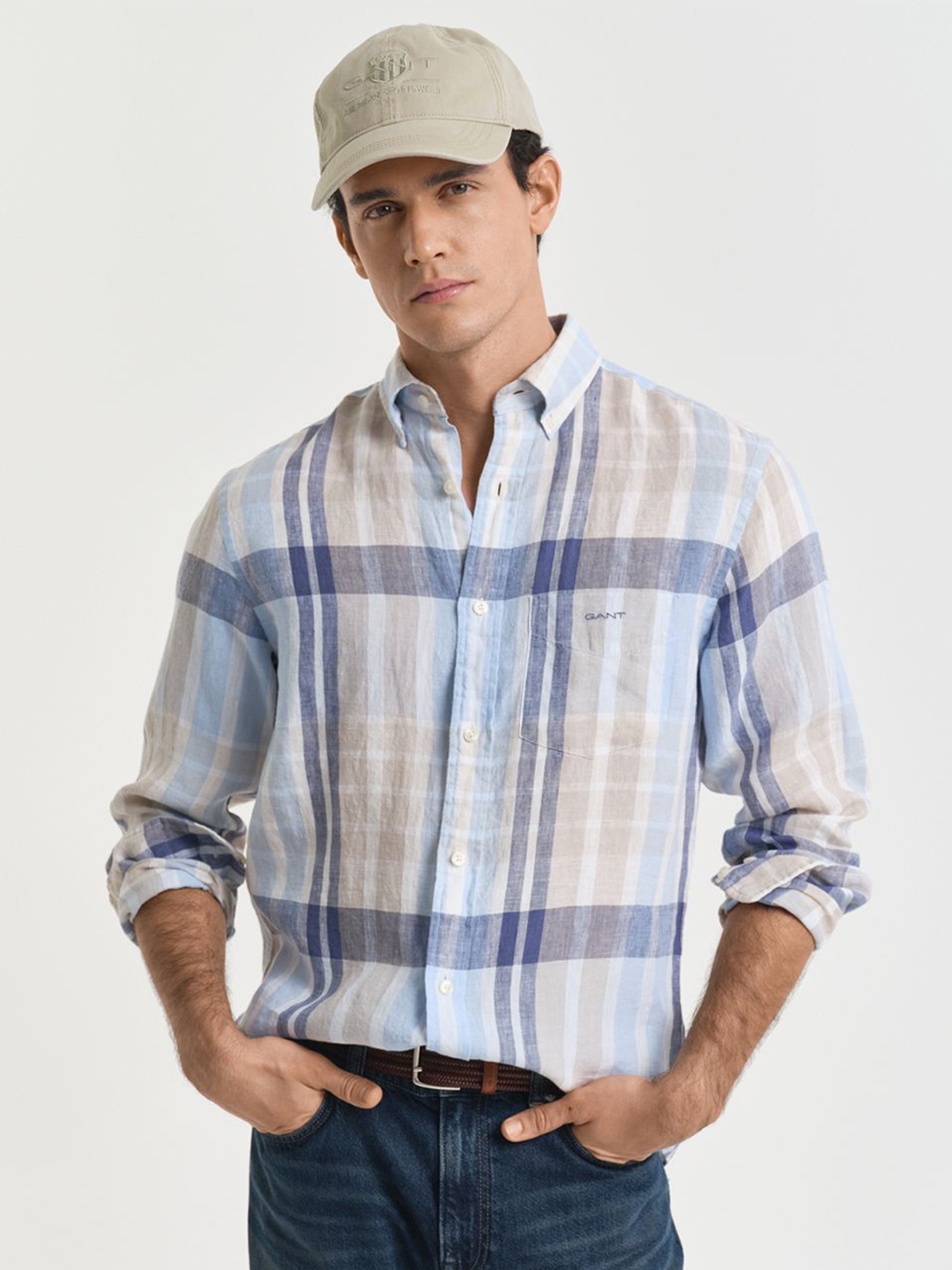 

GANT Men Button-Down Regular Linen Madras Check Casual Shirt, Peach