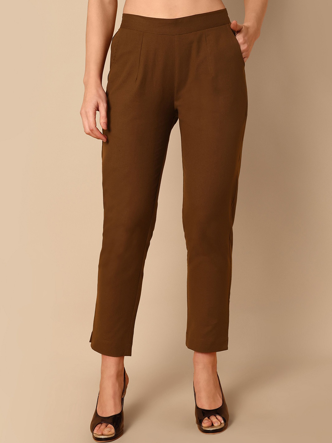 

ELYRAA Women Mid-Rise Comfort Cigarette Trousers, Coffee brown