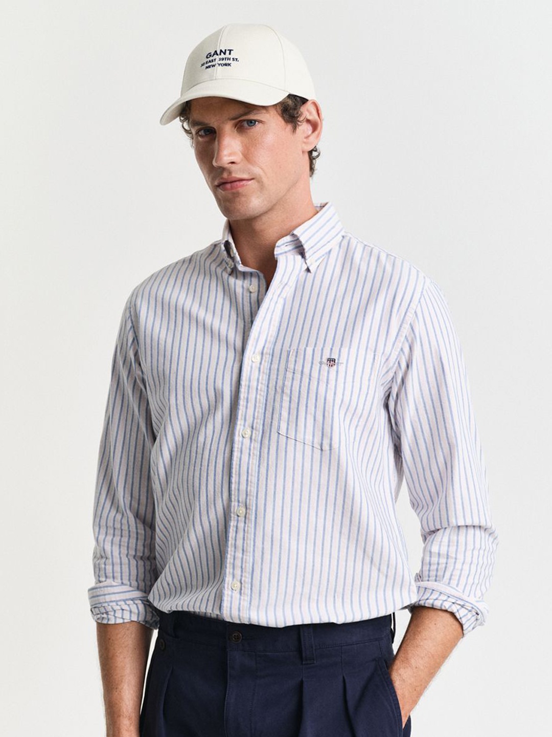 

GANT Men Button-Down Collar Oxford Striped Cotton Casual Shirt, White