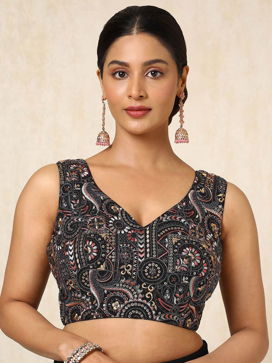 

Soch Sequinned Embroidered V Neck Padded Saree Blouse, Black